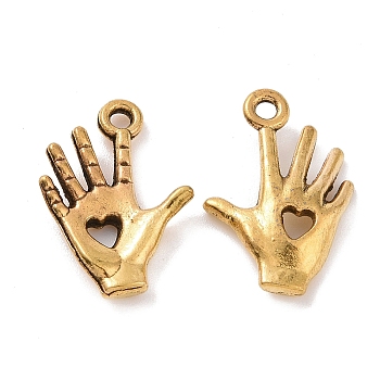 Tibetan Style Alloy Pendants, Hand with Hollow Out Heart Charms, Antique Golden, 18.5x12.5x2.5mm, Hole: 1.6mm, about 1136pcs/1000g