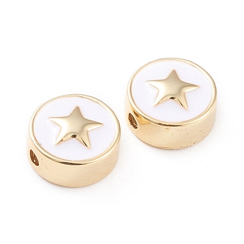 Brass Enamel Beads, Long-Lasting Plated, Flat Round with Star, White, Real 18K Gold Plated, 11x5mm, Hole: 1.8mm