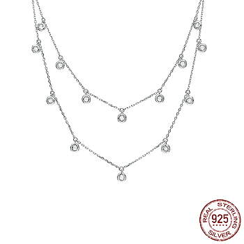 Rhodium Plated 925 Sterling Silver Micro Pave Clear Cubic Zirconia Double Layer Necklaces, Flat Round, Platinum, 15.35 inch(39cm)