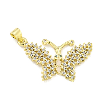 Real 18K Gold Plated Brass Micro Pave Cubic Zirconia Pendants, with Enamel, Butterfly, Pink, 18.5x29.5x2mm, Hole: 4.5x3mm