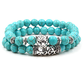 2Pcs Synthetic Turquoise Stretch Bracelet Sets for Women Men, with Tibetan Style Alloy Beads, Leopard, 2pcs/set