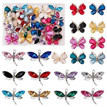 38Pcs 19 Style Resin Pendants, with Alloy Findings, Butterfly & Dragonfly, Mixed Color, 21~22x28~29.5x4.5~5.5mm, Hole: 1.6~2.5mm, 2pcs/style