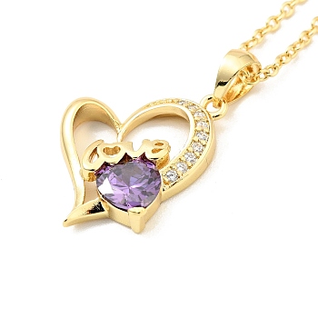 Cubic Zirconia Heart with Word Love Pendant Necklace, Gold Plated Brass Jewelry for Women, Lilac, 15.75 inch(40cm)