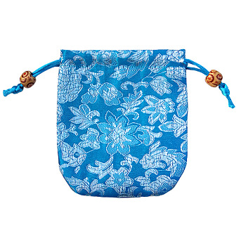Chinese Style Flower Pattern Satin Jewelry Packing Pouches, Drawstring Gift Bags, Rectangle, Deep Sky Blue, 10.5x10.5cm