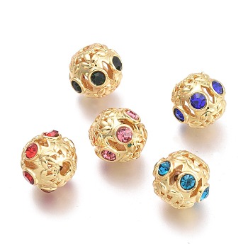 Brass Micro Pave Cubic Zirconia Beads, Hollow, Rondelle, Real 18K Gold Plated, Mixed Color, 11x9.3mm, Hole: 2mm
