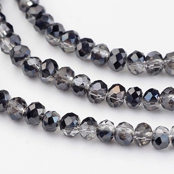 Electroplate Glass Beads Strands,  Half Plated, Faceted Rondelle, Black Plated, 3x2mm, Hole: 1mm, about 202pcs/strand, 17 inch
