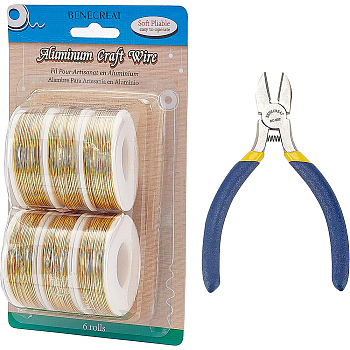 BENECREAT Round Aluminum Wire, with Iron Side Cutting Pliers, Gold, 20 Gauge, 0.8mm, 36m/roll, 6 rolls