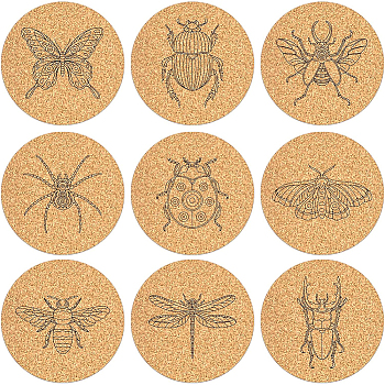 Cork Cup Mats Set, Printed Coasters, Flat Round, Burlywood, Insect Pattern, 100x5mm, 9pcs/set