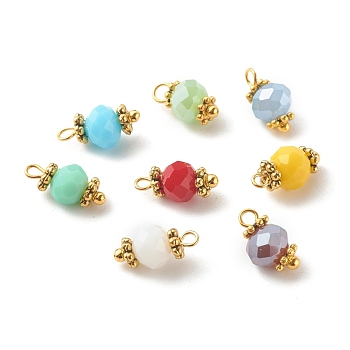 Faceted Imitation Jade Glass Charms, with Alloy Flower Daisy Spacer Beads and Brass Findings, Rondelle, Golden, Mixed Color, 10~10.5x6mm, Hole: 1.2mm