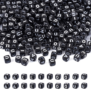 50G 5 Styles Opaque Horizontal Hole Acrylic Beads, Cube with Mixed Letters, Black & White, Black, 5x5x5mm, Hole: 2mm, 10g/style