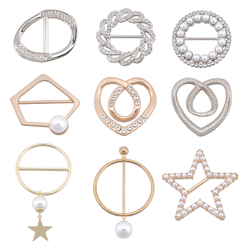 SUPERFINDINGS 9Pcs 9 Style Alloy Rhinestone Slide Bowknot Buckles & Scarf Clips Brooches, with Natural Pearl, Oval & Ring & Heart & Star, Mixed Color, 1pc/style