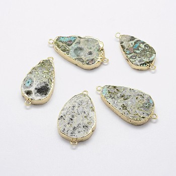 Natural Druzy Quartz Crystal Links/Connectors, with Brass Finding, Drop, Golden, 34~40x17~22x5.5mm, Hole: 1.5mm