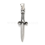 316 Surgical Stainless Steel Pendants, Dagger with Skull Charm, Antique Silver, 35x10x4mm, Hole: 6x3mm(STAS-A123-04A-AS)
