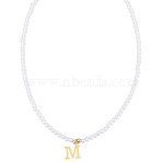 Imitation Pearl with Stainless Steel Pendants Necklaces, Lead Free & Nickel Free & Cadmium Free, Letter, Letter M, 15.83~16.22 inch(40.2~41.2cm), end extender: 48~51mm long, pendants: 12.5x13mm(NJEW-LP0001-51M-G)