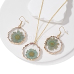 Inner Dried Flower Resin Dangle Earring & Pendant Necklaces Sets, Brass Jewelry Sets for Women, Flat Round, Golden, 19.88 inch(505mm)(SJEW-FS00005)