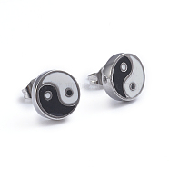 Feng Shui 304 Stainless Steel Stud Earrings, with Enamel and Ear Nuts, Yin Yang, Stainless Steel Color, 9.7mm, Pin: 0.6mm(X-EJEW-L248-047P)