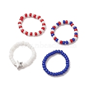 4Pcs 4 Style Independence Day Glass Seed Stretch Finger Rings Set with Brass Star Beaded for Women, Mixed Color, US Size 7(17.3mm), 1Pc/style(RJEW-TA00065)