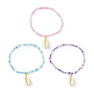 3Pcs 3 Color Glass Seed Beaded Stretch Bracelets Set with Natural Shell Charms, Mixed Color, Inner Diameter: 2-1/8~2-1/4 inch(5.5~5.8cm), 1Pc/color(BJEW-JB09660)