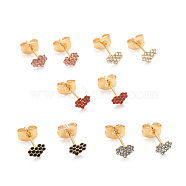 304 Stainless Steel Rhinestone Stud Earrings, with 316 Surgical Stainless Steel Pin, Golden, Heart, Mixed Color, 5.5x5x1mm, Pin: 0.8mm(EJEW-B009-16G)