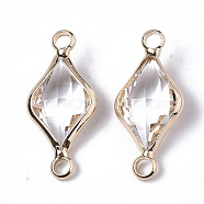 Glass Links, with Real 18K Gold Plated Brass Findings, Nickel Free, Faceted, Rhombus, Clear, 22x10x5mm, Hole: 1.8mm(KK-S354-237A-NF)