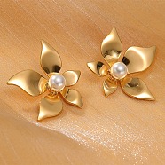 304 Stainless Steel ABS pearl Stud Earrings, White, Flower, 36x32mm(EJEW-S226-07G-03)