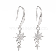 925 Sterling Silver Earring Hooks, with Clear Cubic Zirconia, Star, for Half Drilled Beads, Platinum, 29mm, Pin: 0.7mm and 0.6mm, Tray: 6x3mm(STER-D035-29P)