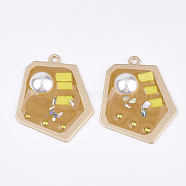 Epoxy Resin Pendants, with ABS Plastic Imitation Pearl & Glass & Shell, Alloy Findings and Enamel, Polygon, Matte Gold Color, Gold, 37x35x5.5mm, Hole: 2mm(RESI-S365-74E)