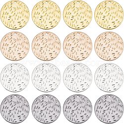 Fingerinspire 16Pcs 4 Colors Environmental Protection Electroplating Brass Pendants, Flat Round with Embossing, Mixed Color, 19x1.2mm, Hole: 1.4mm, 4pcs/color(KK-FG0001-06)