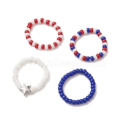 4Pcs 4 Style Independence Day Glass Seed Stretch Finger Rings Set with Brass Star Beaded for Women, Mixed Color, US Size 7(17.3mm), 1Pc/style(RJEW-TA00065)