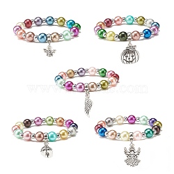 Imitation Pearl Beaded Stretch Bracelet with Drop Charm for Kids, Mixed Shape, Mixed Color, Inner Diameter: 1-5/8 inch(4.2cm)(BJEW-JB07638)