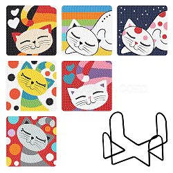 DIY Pet Theme Diamond Painting Cat Pattern Coaster Kits, including Square Acrylic Coaster, Cork Pad, Acrylic Rhinestones, Diamond Sticky Pen, Tray Plate, Glue Clay, Coaster Holder, Mixed Color, Coaster: 95x95x15mm, 6pcs(ANIM-PW0001-182)