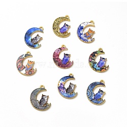 Alloy Printed Pendants, Cadmium Free & Nickel Free & Lead Free, Moon With Owl, Mixed Color, 20.5x16x1.5mm, Hole: 1.5mm(PALLOY-D581-04)