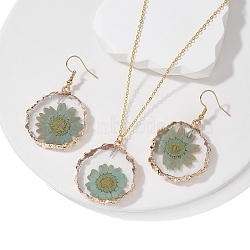 Inner Dried Flower Resin Dangle Earring & Pendant Necklaces Sets, Brass Jewelry Sets for Women, Flat Round, Golden, 19.88 inch(505mm)(SJEW-FS00005)