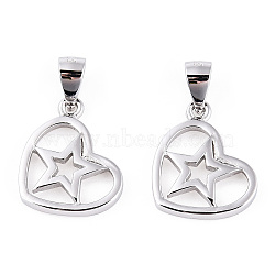 Rhodium Plated 925 Sterling Silver Heart with Star Pendants, Hollow Charms with 925 Stamp, Real Platinum Plated, 15.5x13x2mm, Hole: 3x4.5mm(STER-T007-50P)