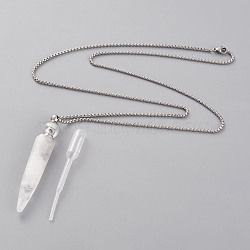 Natural Quartz Crystal Openable Perfume Bottle Pendant Necklaces, with 304 Stainless Steel Box Chains and Plastic Dropper, Bullet, Stainless Steel Color, 27.75 inch(70.5cm), Bottle Capacity: 2~3ml(0.06~0.1 fl. oz)(NJEW-H216-05P)