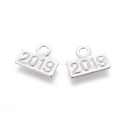 304 Stainless Steel Charms, Rectangle with Birth Year 2019, Stainless Steel Color, 10x12x0.5mm, Hole: 2.4mm(STAS-L232-015P)