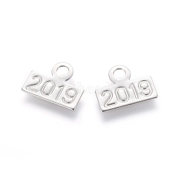 Non-Tarnish 304 Stainless Steel Charms, Rectangle with Birth Year 2019, Stainless Steel Color, 10x12x0.5mm, Hole: 2.4mm(STAS-L232-015P)