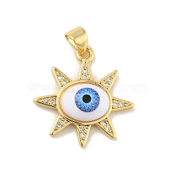 Brass Micro Pave Cubic Zirconia Pendants, with Acrylic, Cadmium Free & Lead Free, Long-Lasting Plated, Real 18K Gold Plated, Sun with Evil Eye, Royal Blue, 21x21.5x5mm, Hole: 4x3.5mm(KK-B059-46G-B)