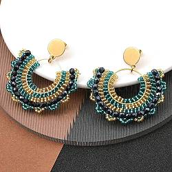 304 Stainless Steel & Bohemian Beaded Fan Dangle Stud Earrings for Women, Golden, Dark Cyan, 54x49x4mm, Pin: 0.8mm(EJEW-R001-05G-01)