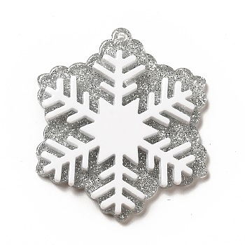 Acrylic Pendants, with Glitter Powder, Snowflake Charm, White, 45x38x4mm, Hole: 1.4mm