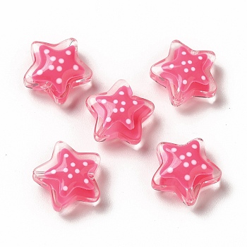 Transparent Glass Beads, with Polka Dot Pattern, Star, Deep Pink, 13x13x6.5mm, Hole: 1mm