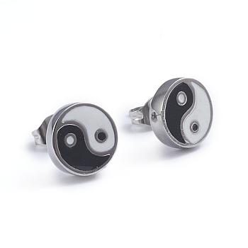 Feng Shui 304 Stainless Steel Stud Earrings, with Enamel and Ear Nuts, Yin Yang, Stainless Steel Color, 9.7mm, Pin: 0.6mm