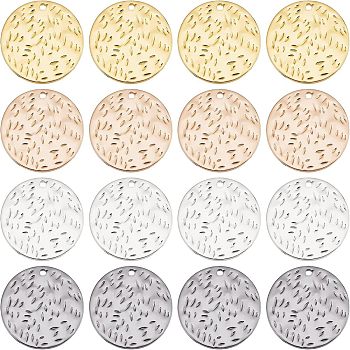 Fingerinspire 16Pcs 4 Colors Environmental Protection Electroplating Brass Pendants, Flat Round with Embossing, Mixed Color, 19x1.2mm, Hole: 1.4mm, 4pcs/color