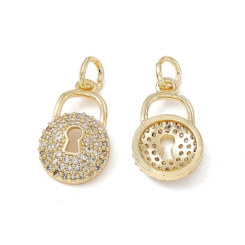 Brass Micro Pave Cubic Zirconia Pendants, with Jump Ring, Lock Charm, Real 18K Gold Plated, 17x10x3mm, Hole: 3.3mm