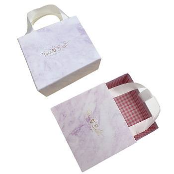 Rectangle with Marble Pattern Paper Drawer Boxes, with Ribbon Handles, for Gift Packaging, Purple, Outside Box: 14.1x12.1x4.9cm, Inside Box: 13.7x11.4x4.7cm, Handle: 22cm