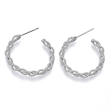Brass Half Hoop Earrings, Stud Earring, with Stainless Steel Pins, Nickel Free, Ring, Real Platinum Plated, 28x27mm, Pin: 0.7mm