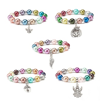Imitation Pearl Beaded Stretch Bracelet with Drop Charm for Kids, Mixed Shape, Mixed Color, Inner Diameter: 1-5/8 inch(4.2cm)