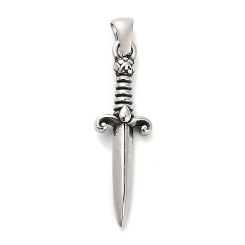 316 Surgical Stainless Steel Pendants, Dagger with Skull Charm, Antique Silver, 35x10x4mm, Hole: 6x3mm