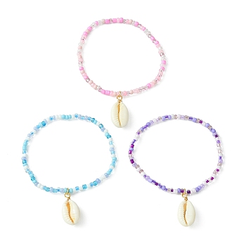 3Pcs 3 Color Glass Seed Beaded Stretch Bracelets Set with Natural Shell Charms, Mixed Color, Inner Diameter: 2-1/8~2-1/4 inch(5.5~5.8cm), 1Pc/color