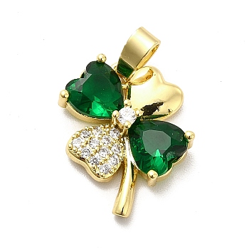 Brass Micro Pave Clear Cubic Zirconia Pendants, with Green Glass, Clover Charm, Real 18K Gold Plated, 17x14x4mm, Hole: 5x3mm